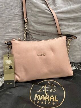 Leather Blush Pink Crossbody Bag with Gold Chain Strap